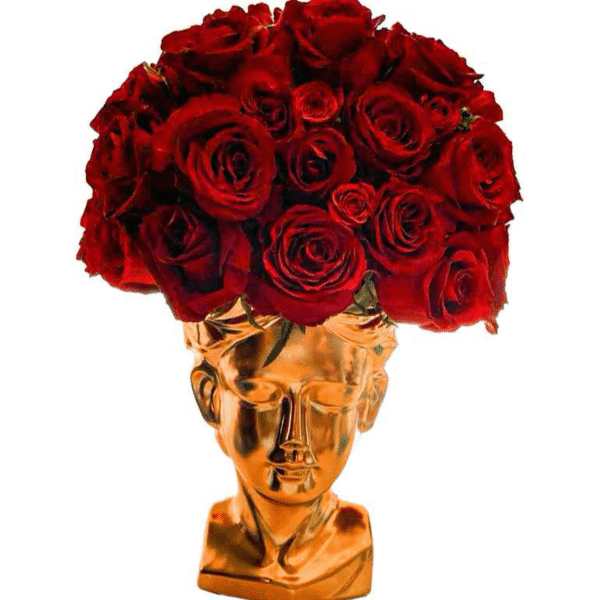 Gold Goddess Bust Vase with Red Rose Bouquet